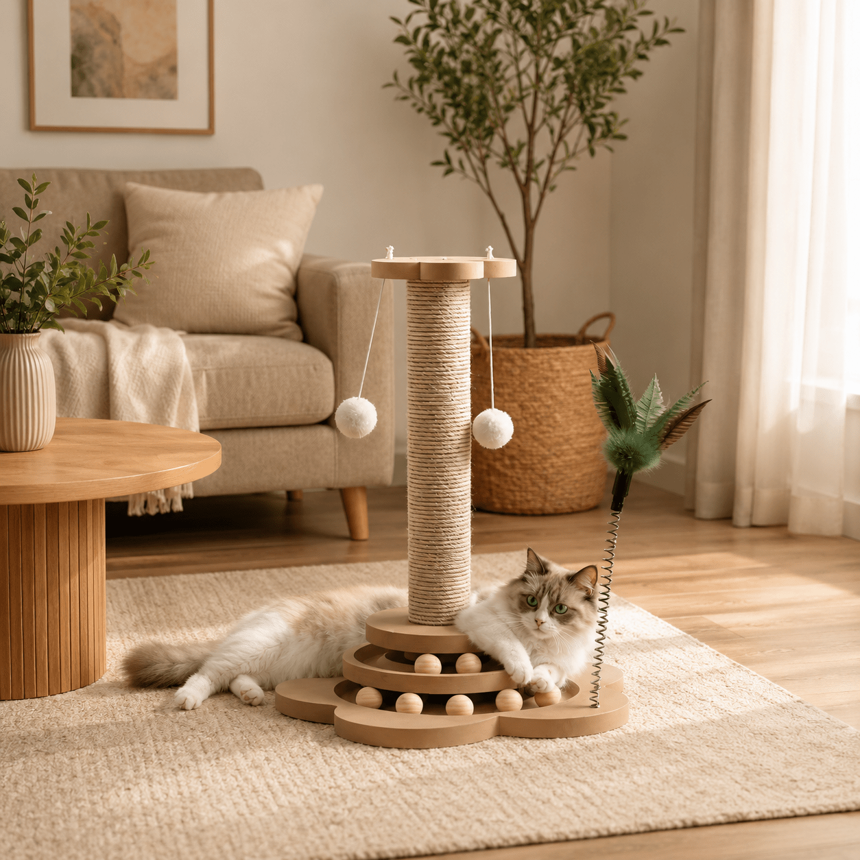 Chat Ragdoll blanc et gris allongé au pied d'une colonne griffoir en sisal avec balles suspendues et plume à ressort, base en bois multi-niveaux avec billes, dans un salon beige épuré