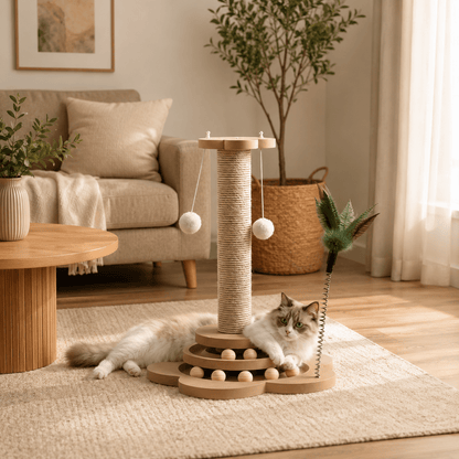 Chat Ragdoll blanc et gris allongé au pied d'une colonne griffoir en sisal avec balles suspendues et plume à ressort, base en bois multi-niveaux avec billes, dans un salon beige épuré