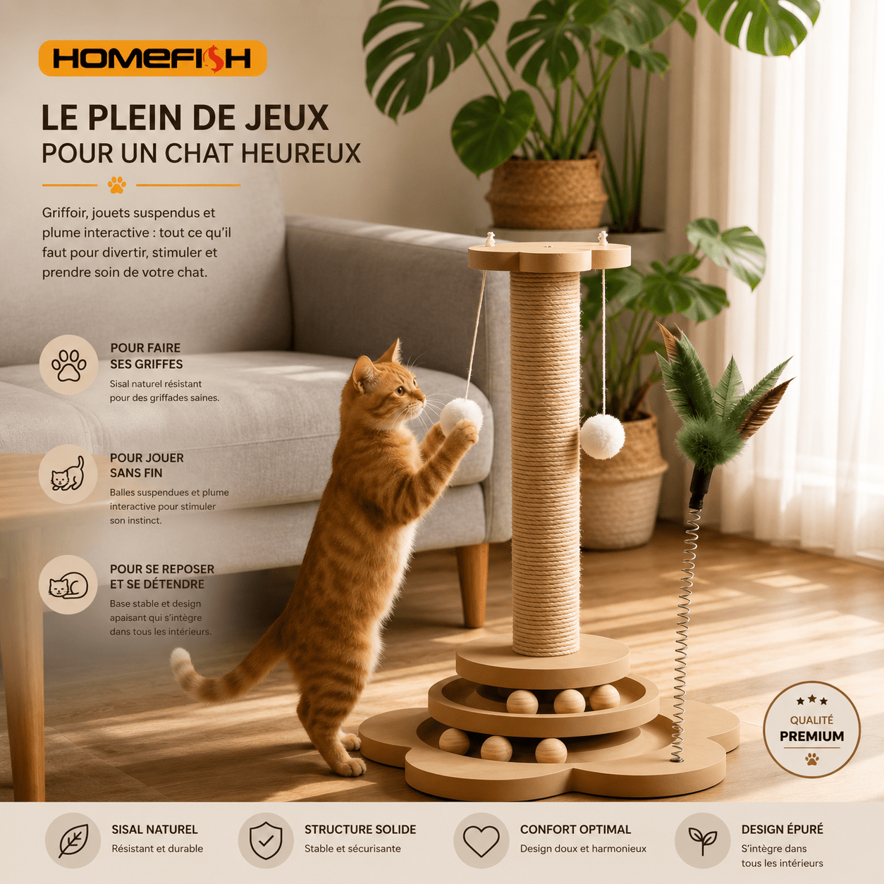 Chat tigré roux debout griffant activement une colonne en sisal avec balles suspendues et plume à ressort, base en bois multi-niveaux avec billes — infographie 3 usages : faire ses griffes, jouer sans fin, se reposer et se détendre
