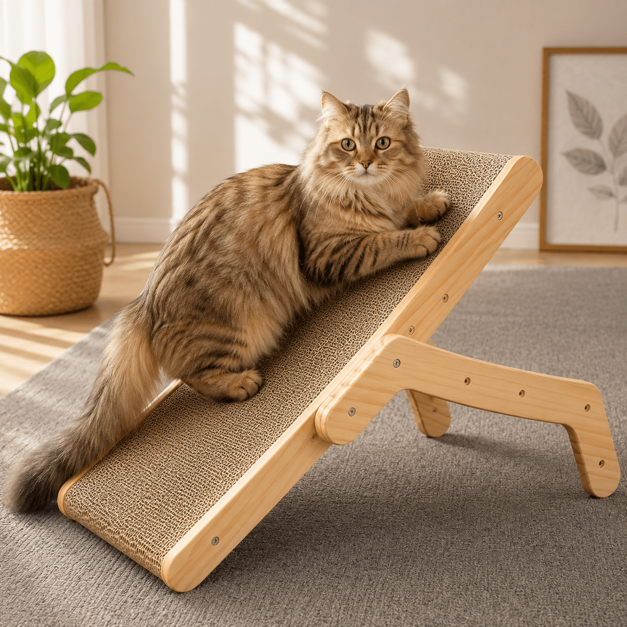Chat à poils longs posé sur un griffoir incliné en bois naturel avec surface en carton ondulé