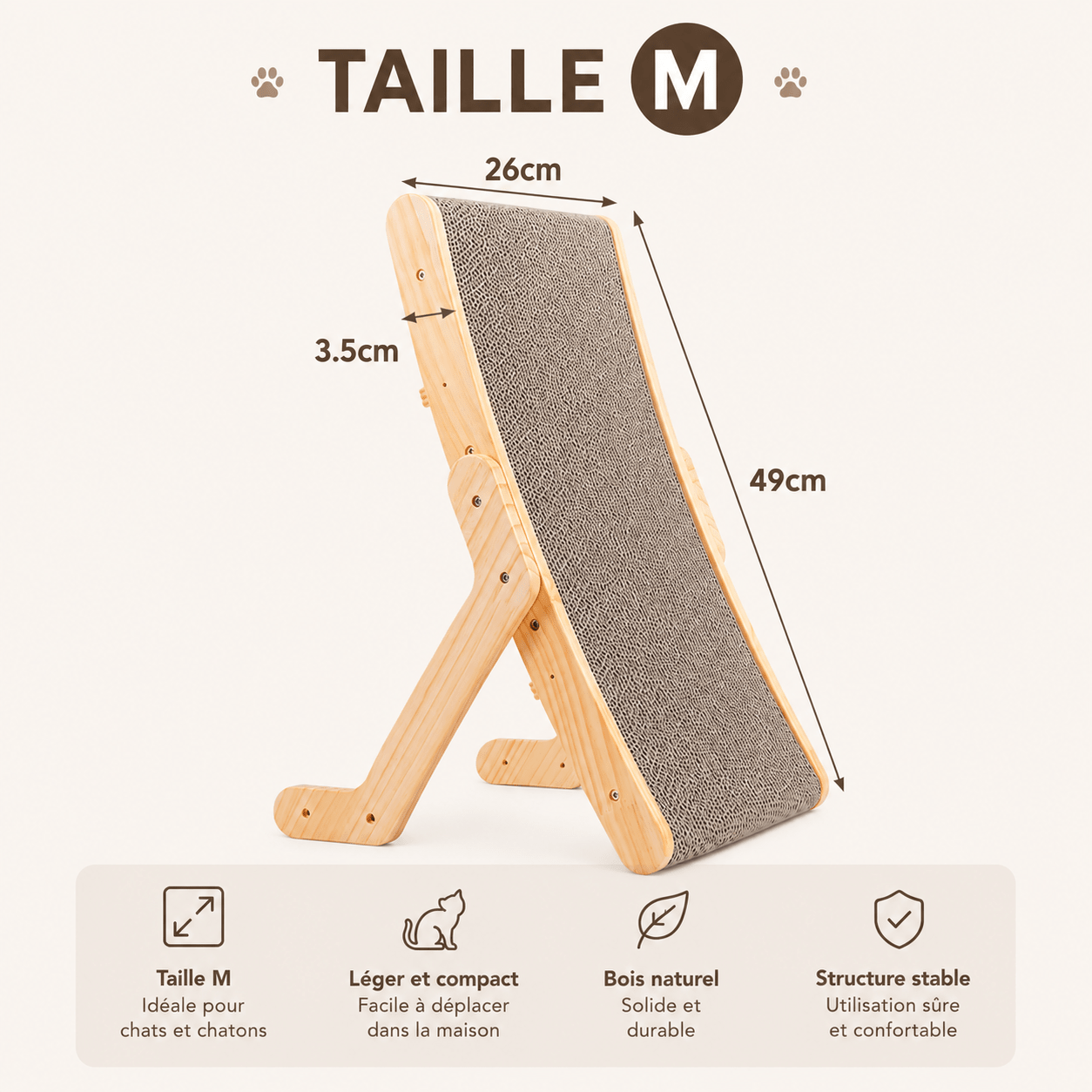 Griffoir incliné en bois taille M (26×49cm, épaisseur 3,5cm) — léger, compact, bois naturel, structure stable
