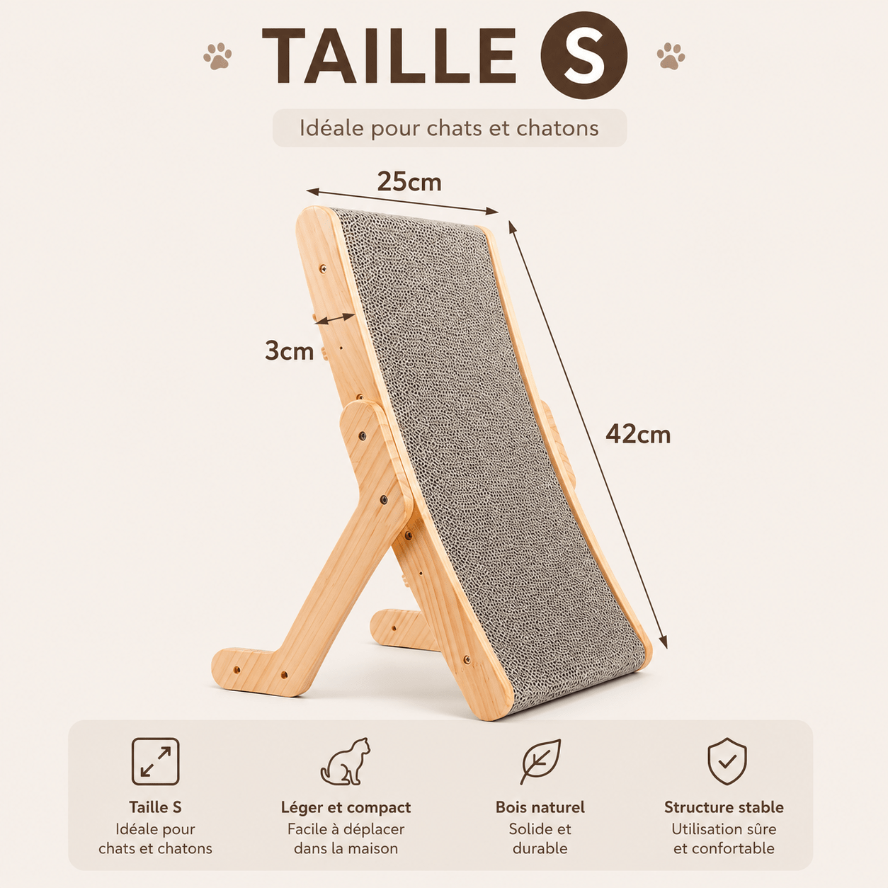 Griffoir incliné en bois taille S (25×42cm, épaisseur 3cm) — idéal pour chats et chatons, léger, bois naturel, structure stable