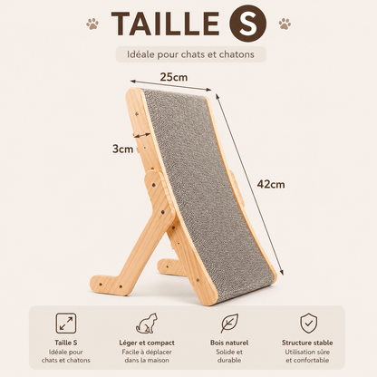 Griffoir incliné en bois taille S (25×42cm, épaisseur 3cm) — idéal pour chats et chatons, léger, bois naturel, structure stable