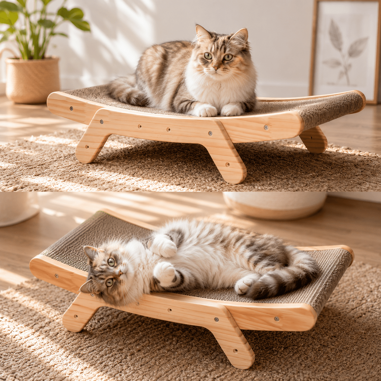 Chat tigré allongé sur un griffoir lounge en bois naturel avec surface en carton ondulé — vue double position