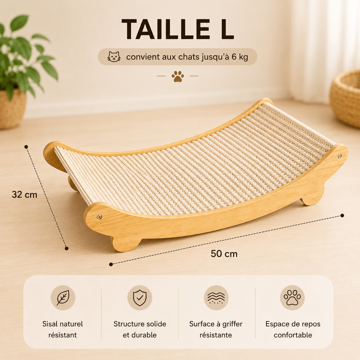 Griffoir lounge en sisal naturel Taille L (50 × 32 cm) sur socle en bois dans un salon lumineux — convient aux chats jusqu'à 6 kg, sisal résistant, structure solide, surface à griffer et espace de repos