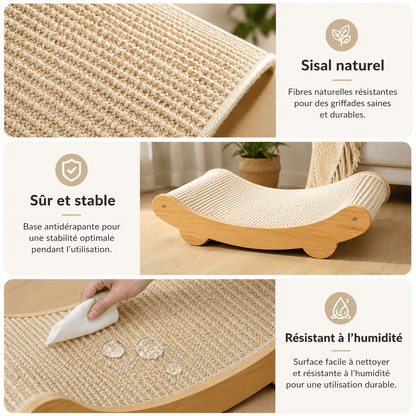 Infographie griffoir lounge en sisal naturel : gros plan sur la texture tissée, vue du produit posé au sol et démonstration de résistance à l'humidité — sûr, stable et durable