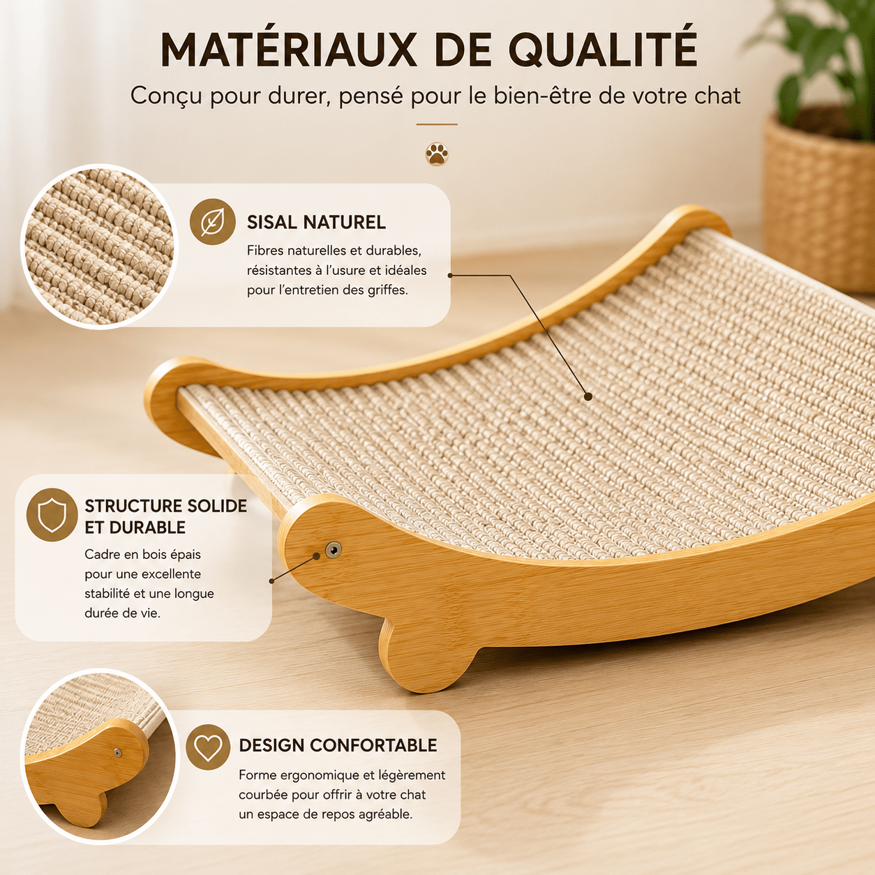 Griffoir lounge en sisal naturel : tissage serré, structure en bois épais et design ergonomique courbé