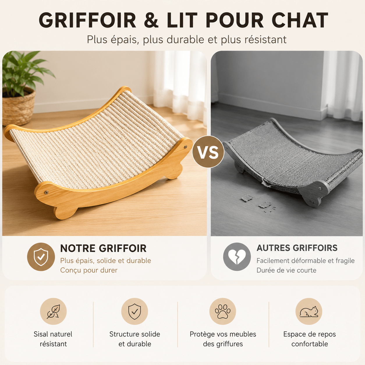 Comparatif griffoir lounge en sisal naturel Le Chatelier vs griffoir concurrent gris — plus épais, plus solide et plus durable, avec 4 avantages clés illustrés