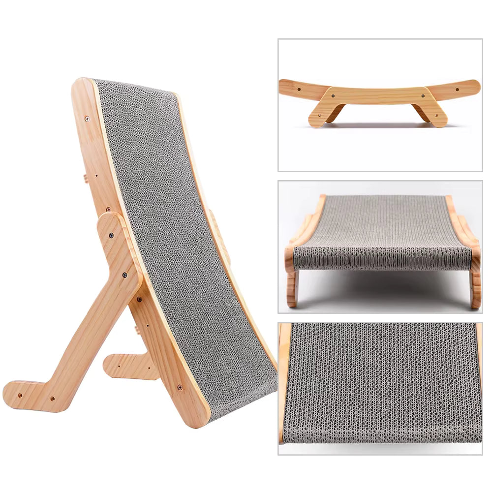 Vues multiples du griffoir lounge et du griffoir incliné en bois naturel avec surface en carton ondulé — détail de la structure et de la texture
