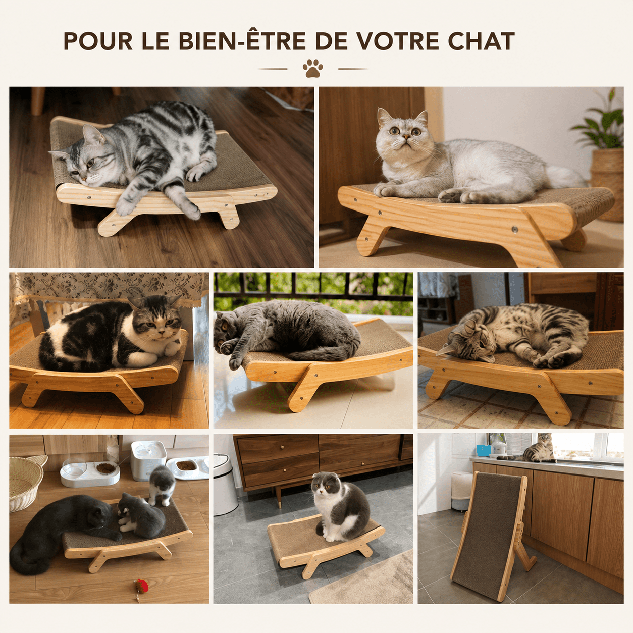 Mosaïque de chats de différentes races utilisant un griffoir lounge en bois — pour le bien-être de votre chat