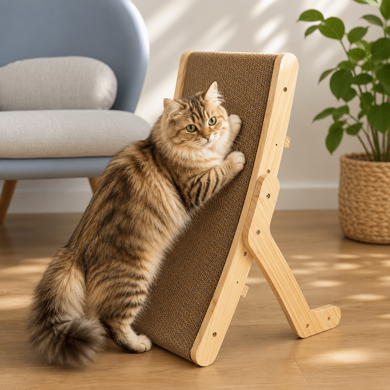 Chat tigré griffant un griffoir vertical en bois naturel avec surface en carton ondulé