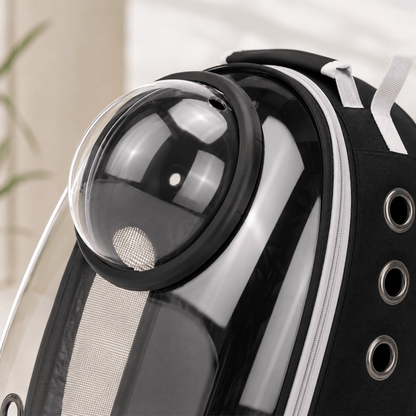 Gros plan sur le hublot transparent en forme de capsule spatiale du sac à dos pour chat