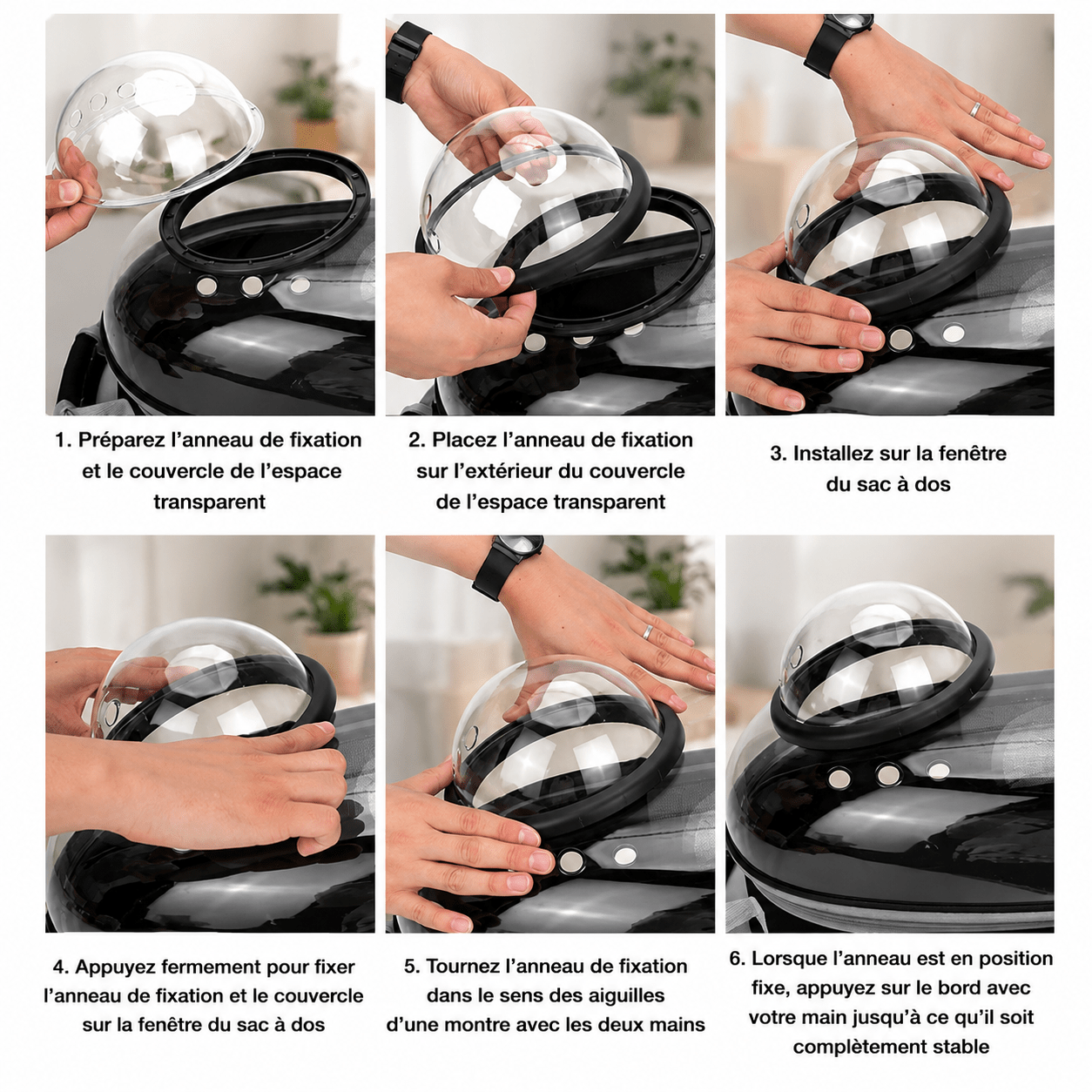 Infographie en 6 étapes : installation du couvercle transparent (dôme) sur la fenêtre du sac à dos pour chat