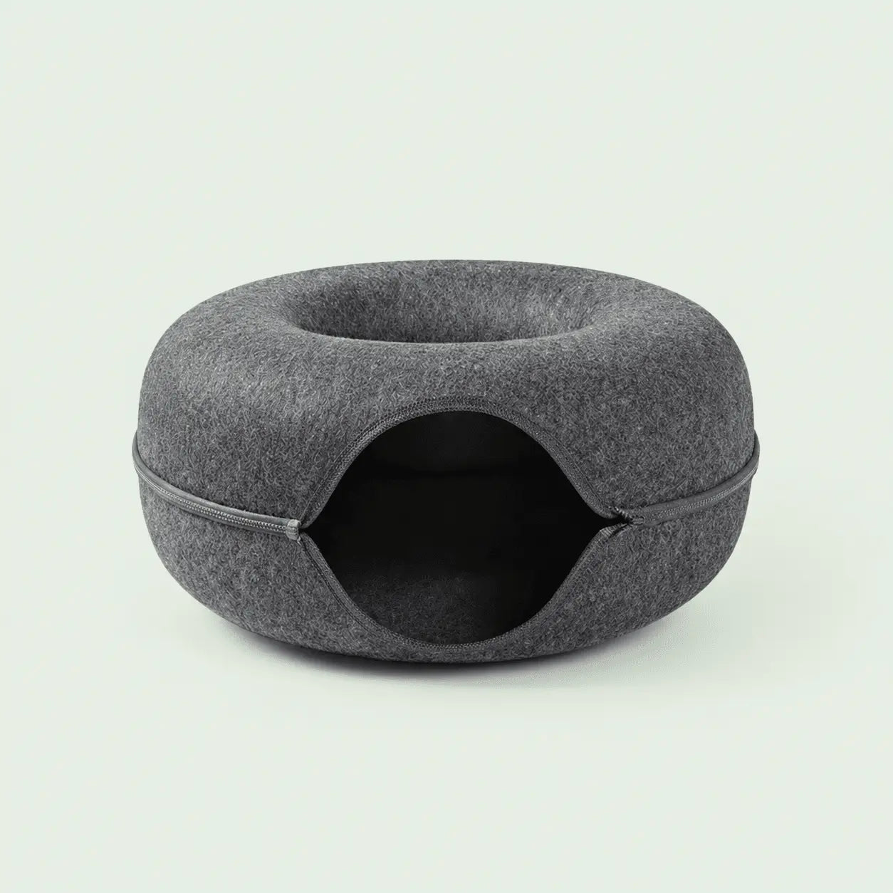 Lit-tunnel donut pour chat en feutre gris foncé, tunnel-cave ouvert et fermeture éclair périphérique
