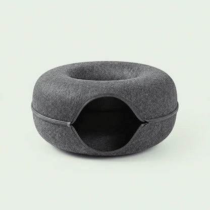 Lit-tunnel donut pour chat en feutre gris foncé, tunnel-cave ouvert et fermeture éclair périphérique