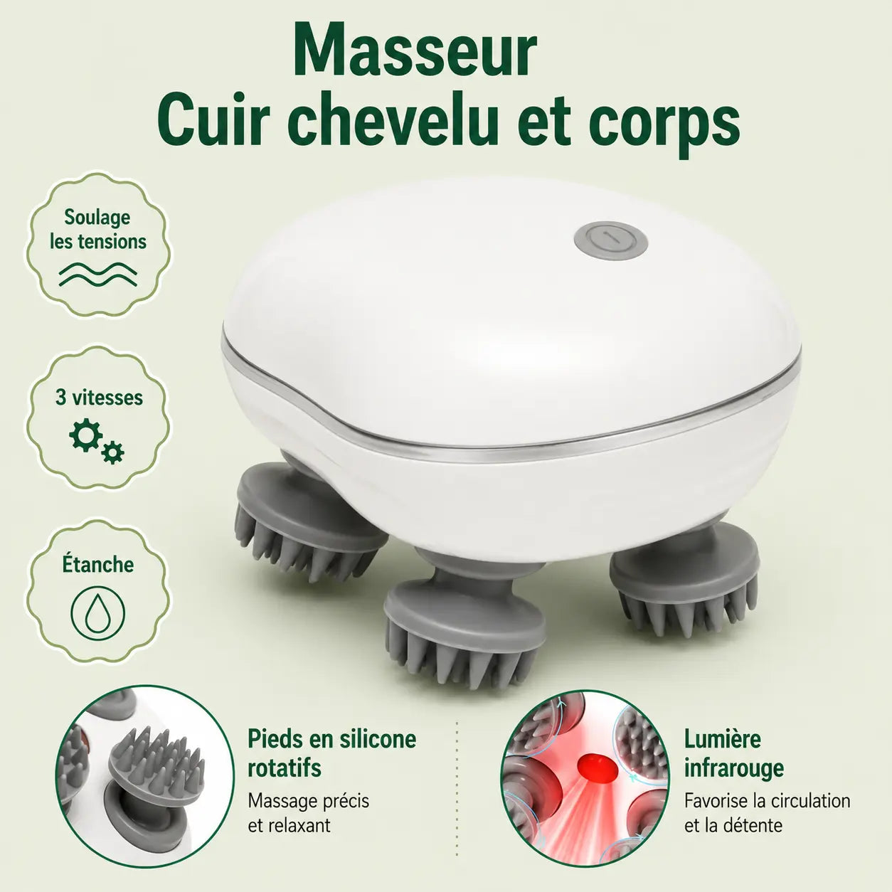Masseur électrique blanc : soulage les tensions, 3 vitesses, étanche, pieds en silicone rotatifs et lumière infrarouge