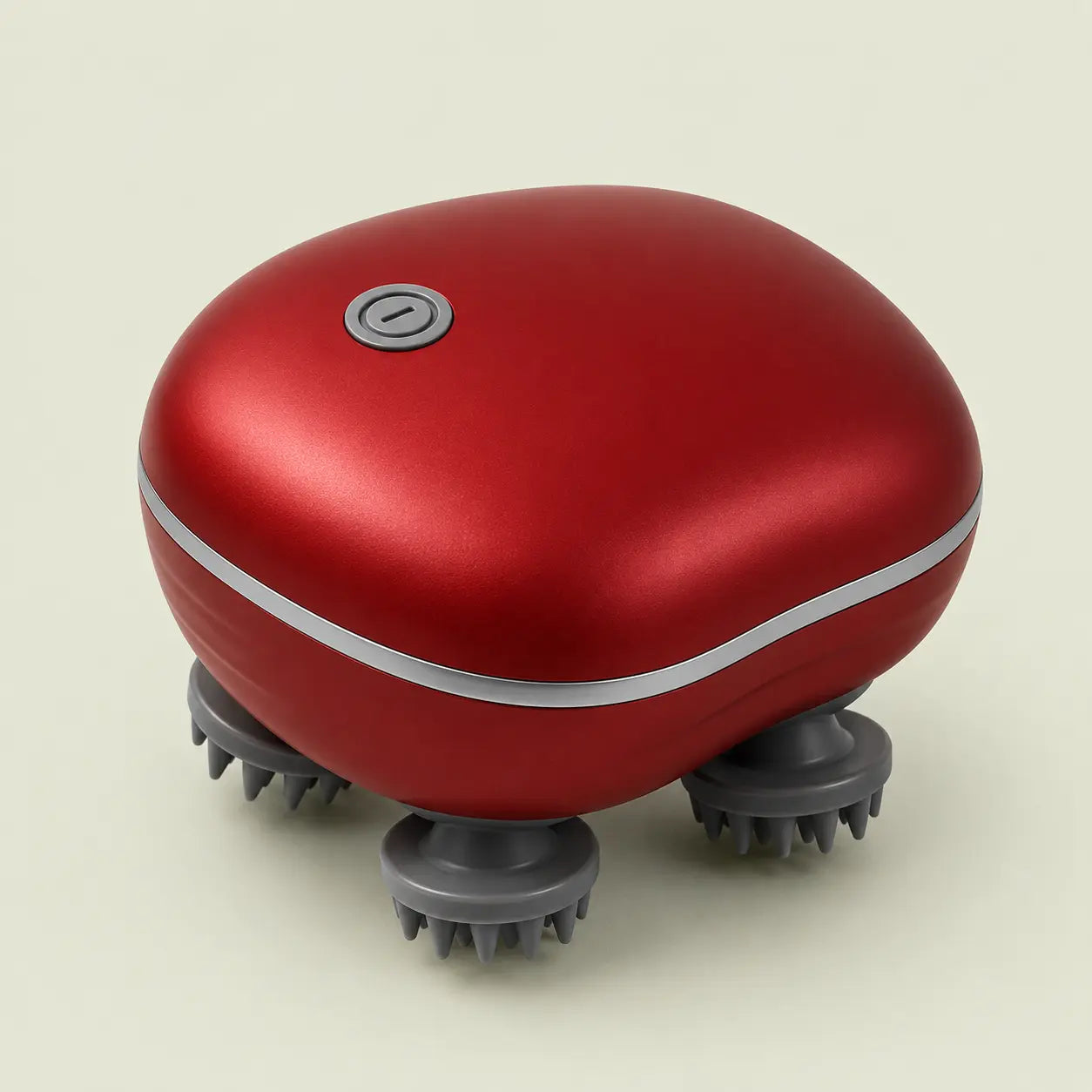 Masseur électrique 2-en-1 rouge avec quatre têtes de massage en silicone gris et bouton marche