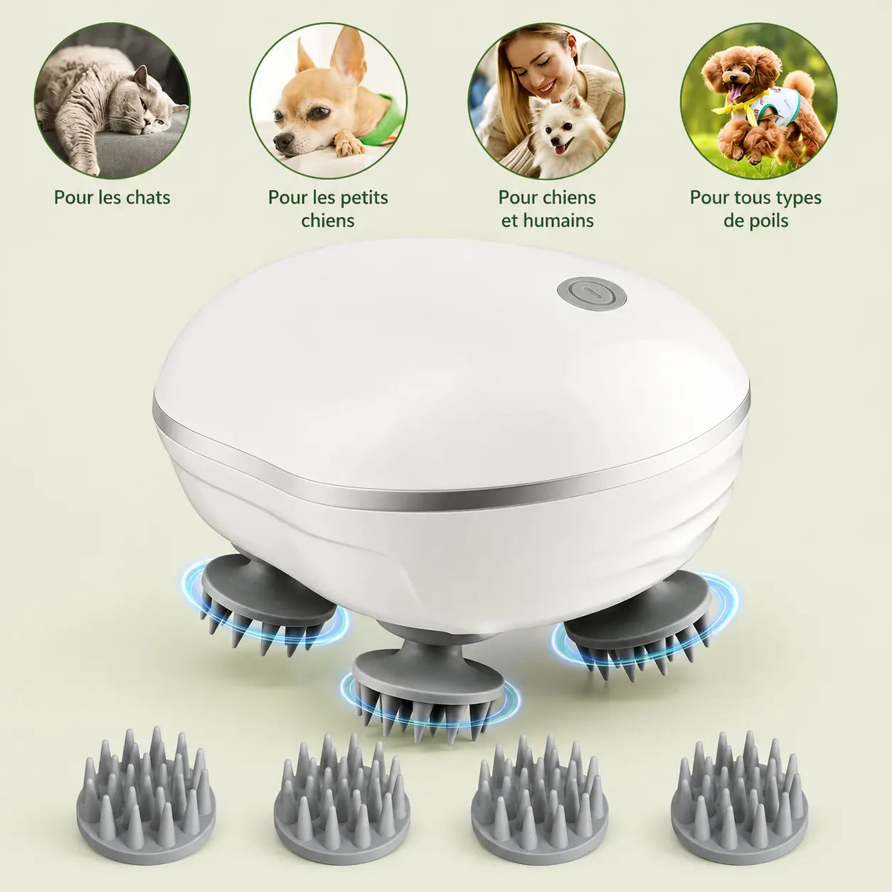 Masseur électrique blanc avec têtes en silicone amovibles, adapté aux chats, petits chiens, humains et tous types de poils