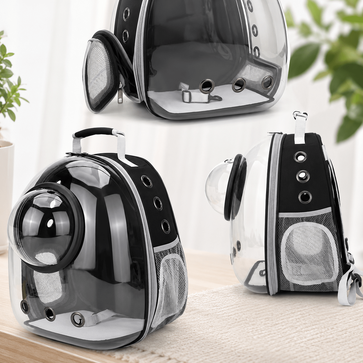 Sac à dos bulle transparent noir pour chat présenté sous trois angles, avec hublot et aération latérale en maille