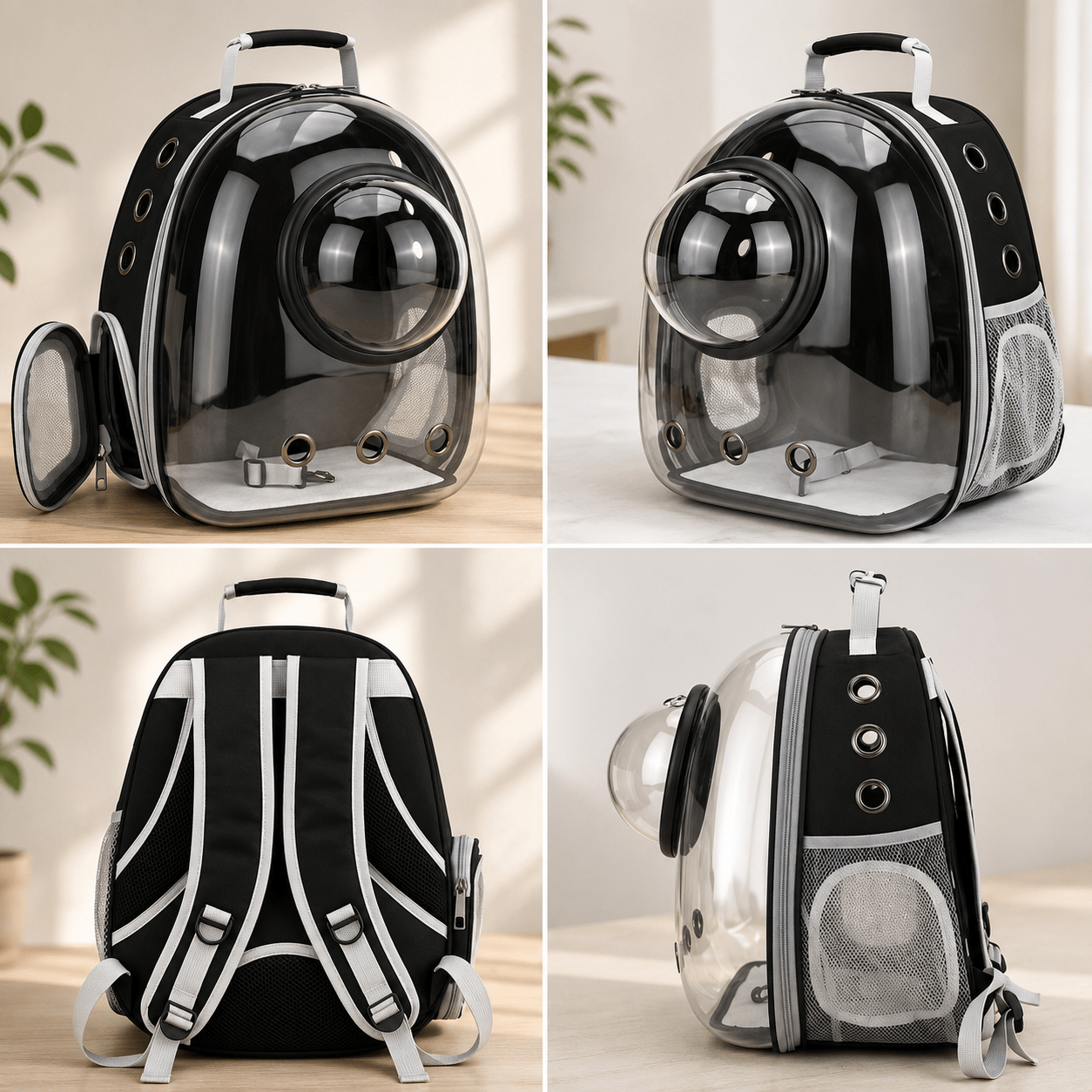 Sac à dos bulle transparent noir pour chat présenté sous quatre angles : avant, face, dos et côté