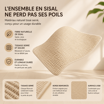 Infographie surface en sisal du griffoir lounge : tissage serré et solide, bords renforcés, surface lisse — fibre naturelle de sisal qui ne perd pas ses poils, durable longue durée