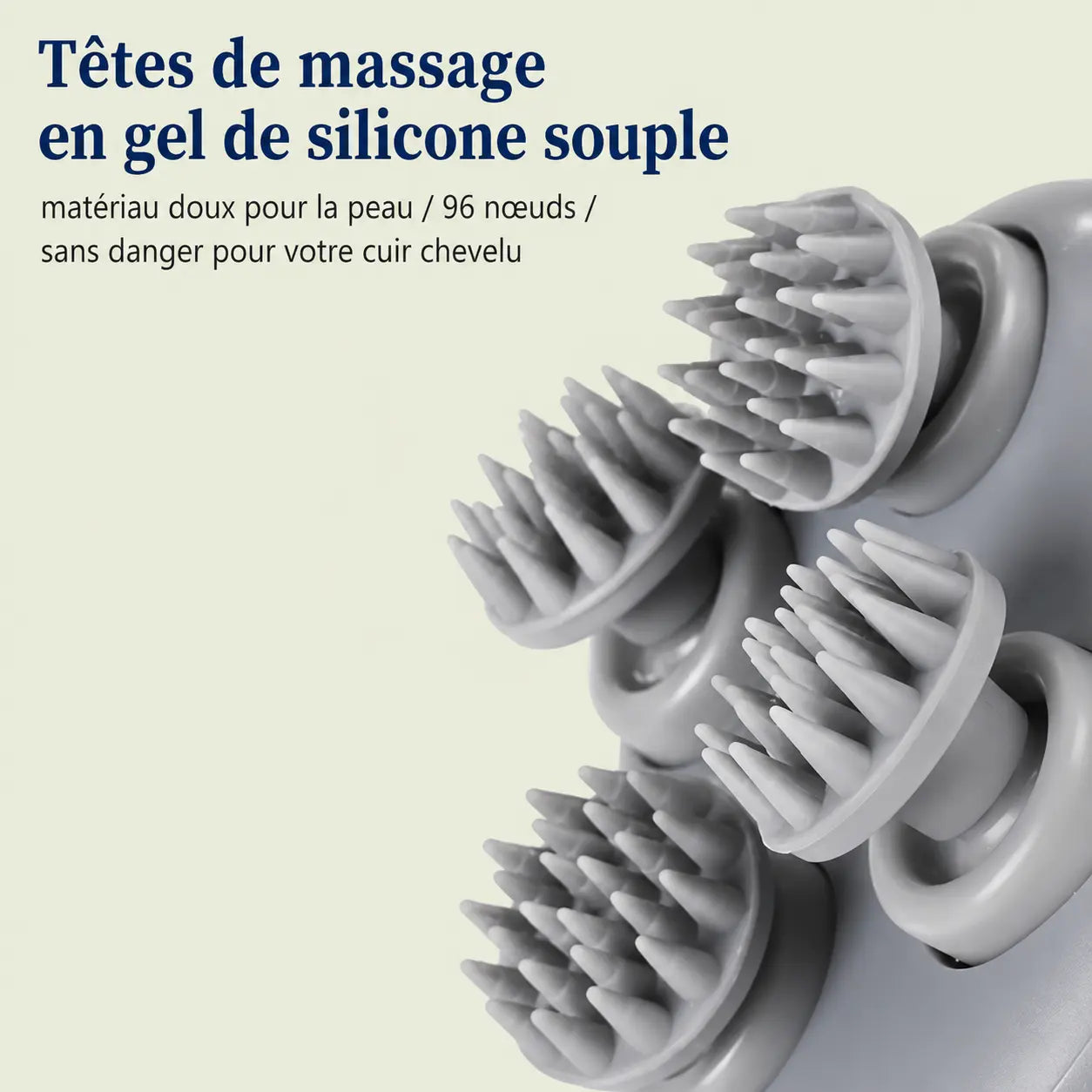 Gros plan sur les têtes de massage en gel de silicone souple à 96 picots, douces pour la peau et le cuir chevelu