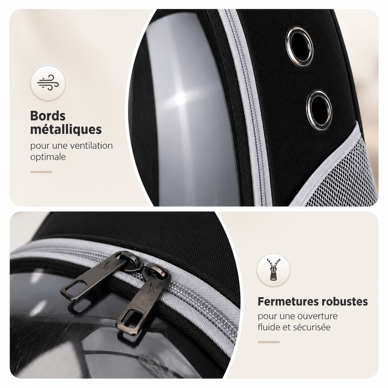 Infographie des atouts : bords métalliques pour la ventilation et fermetures éclair robustes du sac à dos pour chat