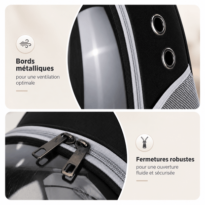 Infographie des atouts : bords métalliques pour la ventilation et fermetures éclair robustes du sac à dos pour chat
