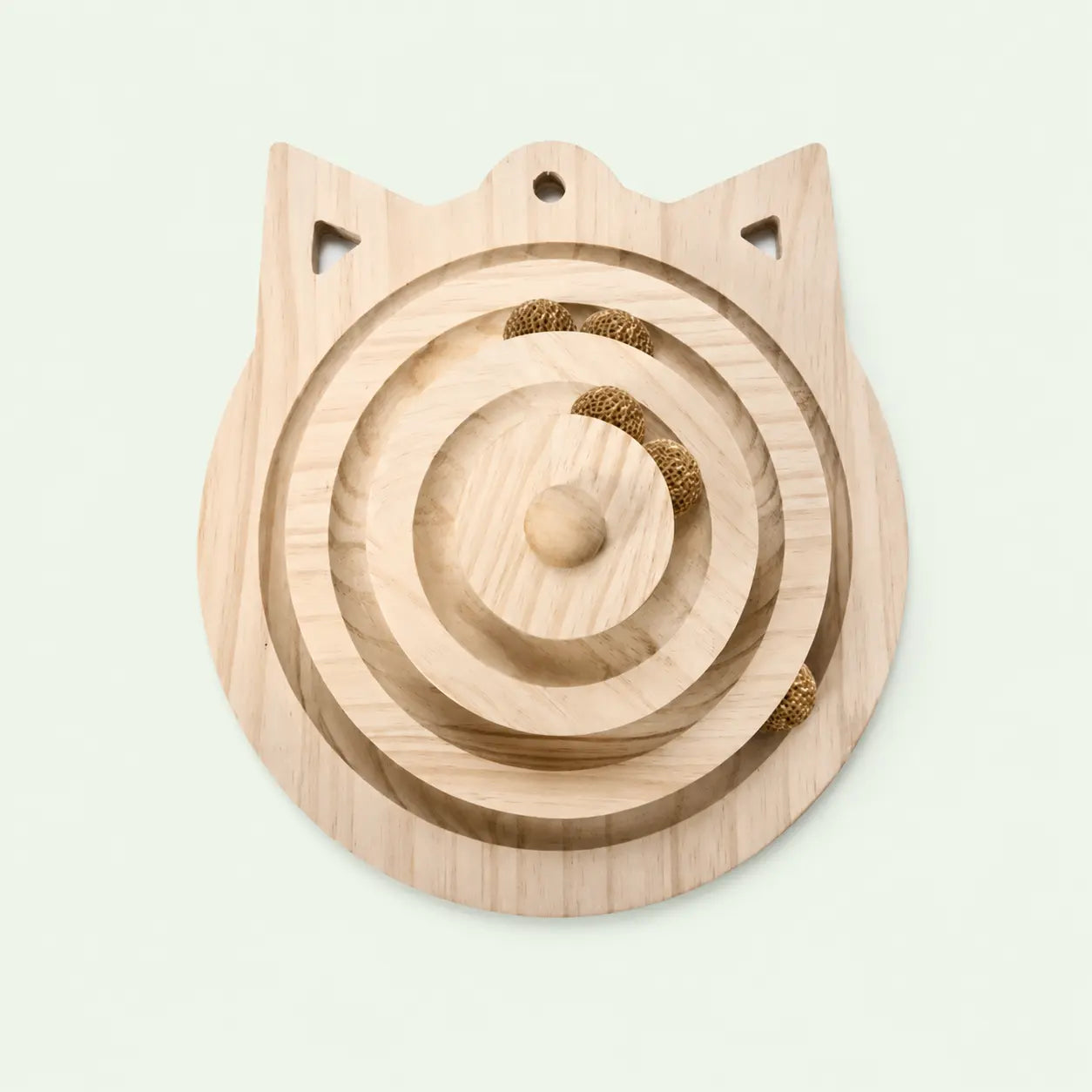 Base en forme de tête de chat de la tour de jeu, rainures et balles à l'herbe à chat vues du dessus