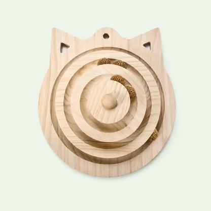 Base en forme de tête de chat de la tour de jeu, rainures et balles à l'herbe à chat vues du dessus