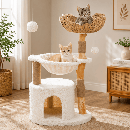 Arbre à chat design en bois massif avec panier en rotin tressé