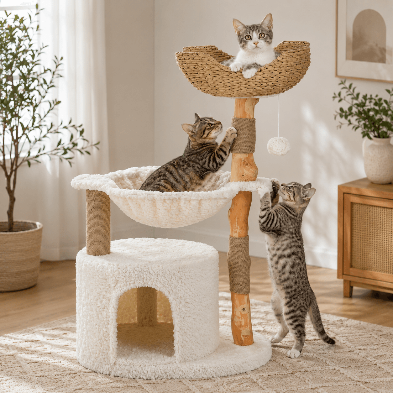 Arbre à chat en bois massif avec hamac enveloppant et chat