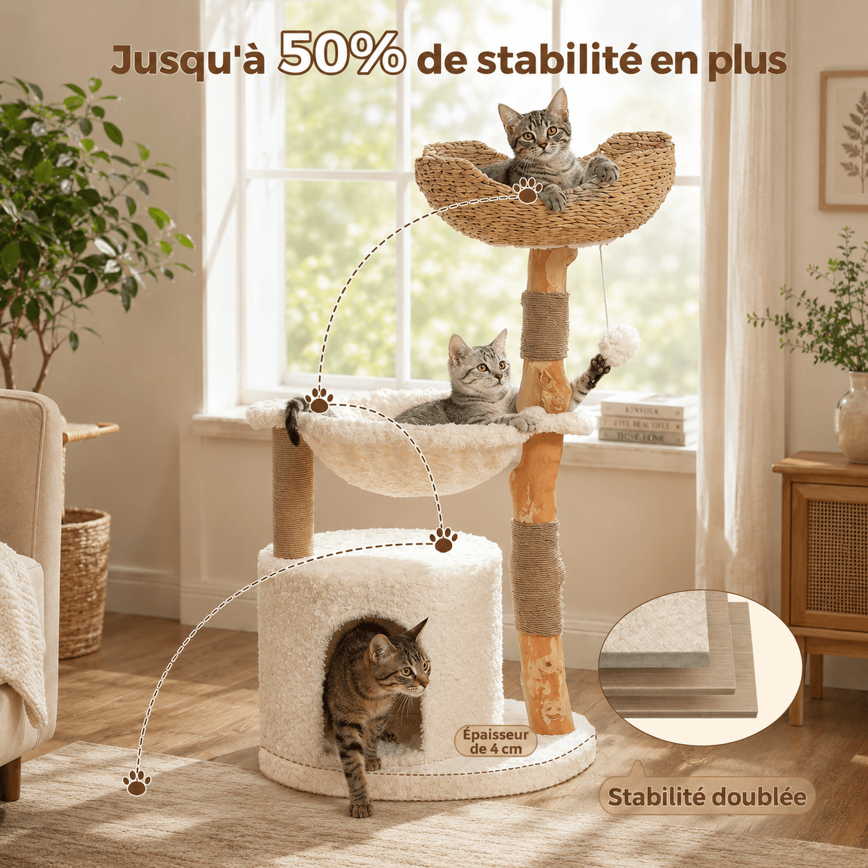 Arbre à chat en bois massif naturel et rotin, coloris blanc