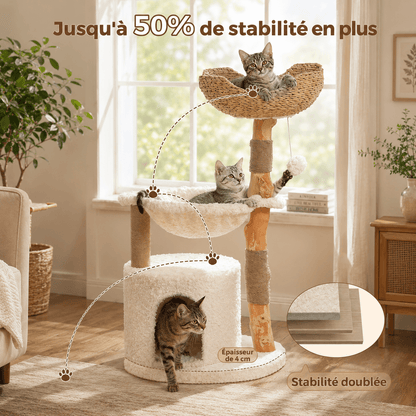 Arbre à chat en bois massif naturel et rotin, coloris blanc