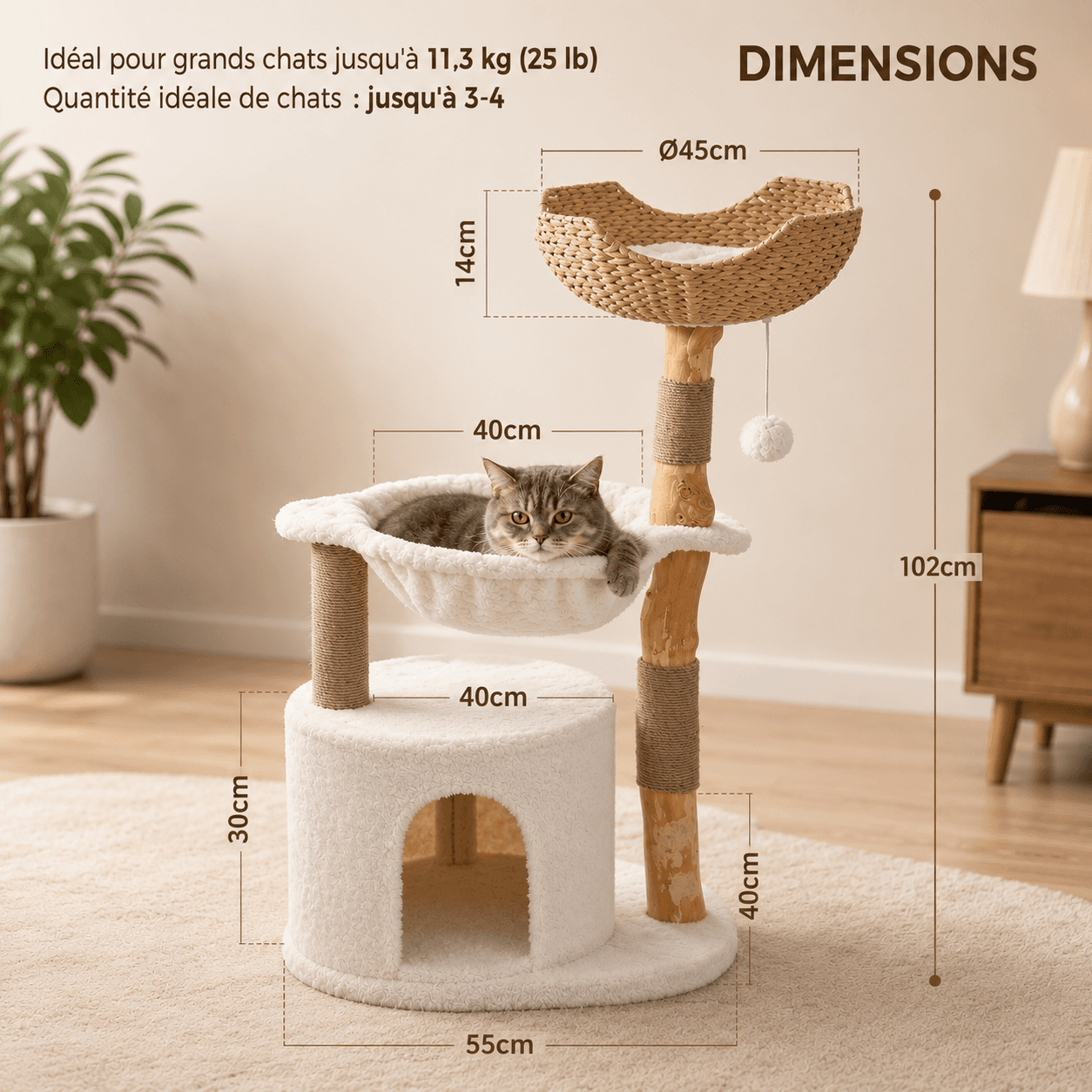 Arbre à chat multi-niveaux pour grands chats et foyers multi-chats