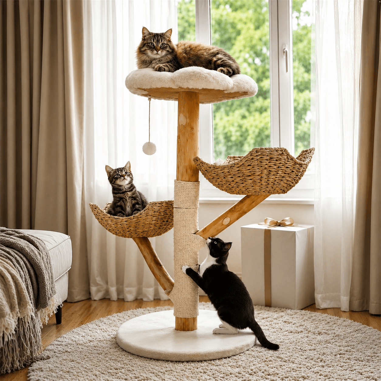 Arbre à chat en bois de saule naturel avec un chat installé au sommet