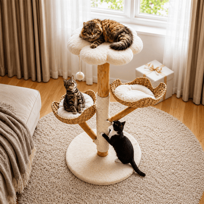 Arbre à chat en bois de saule avec chat sur une plateforme