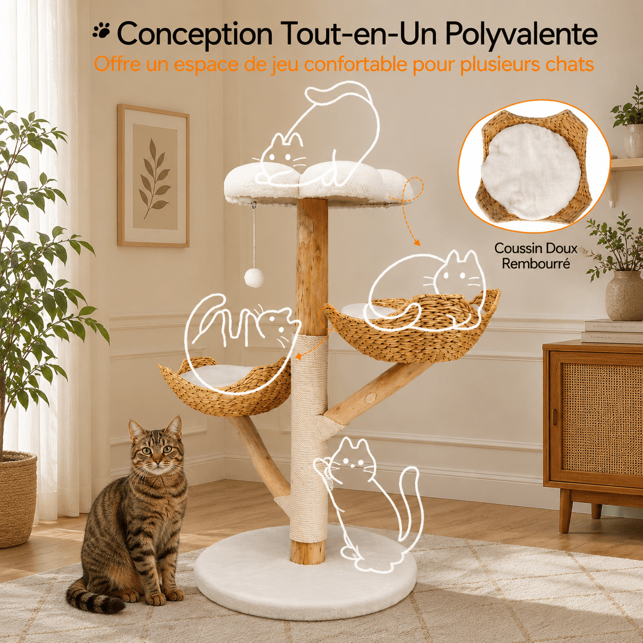 Arbre à chat 3 niveaux avec poteaux en corde de sisal