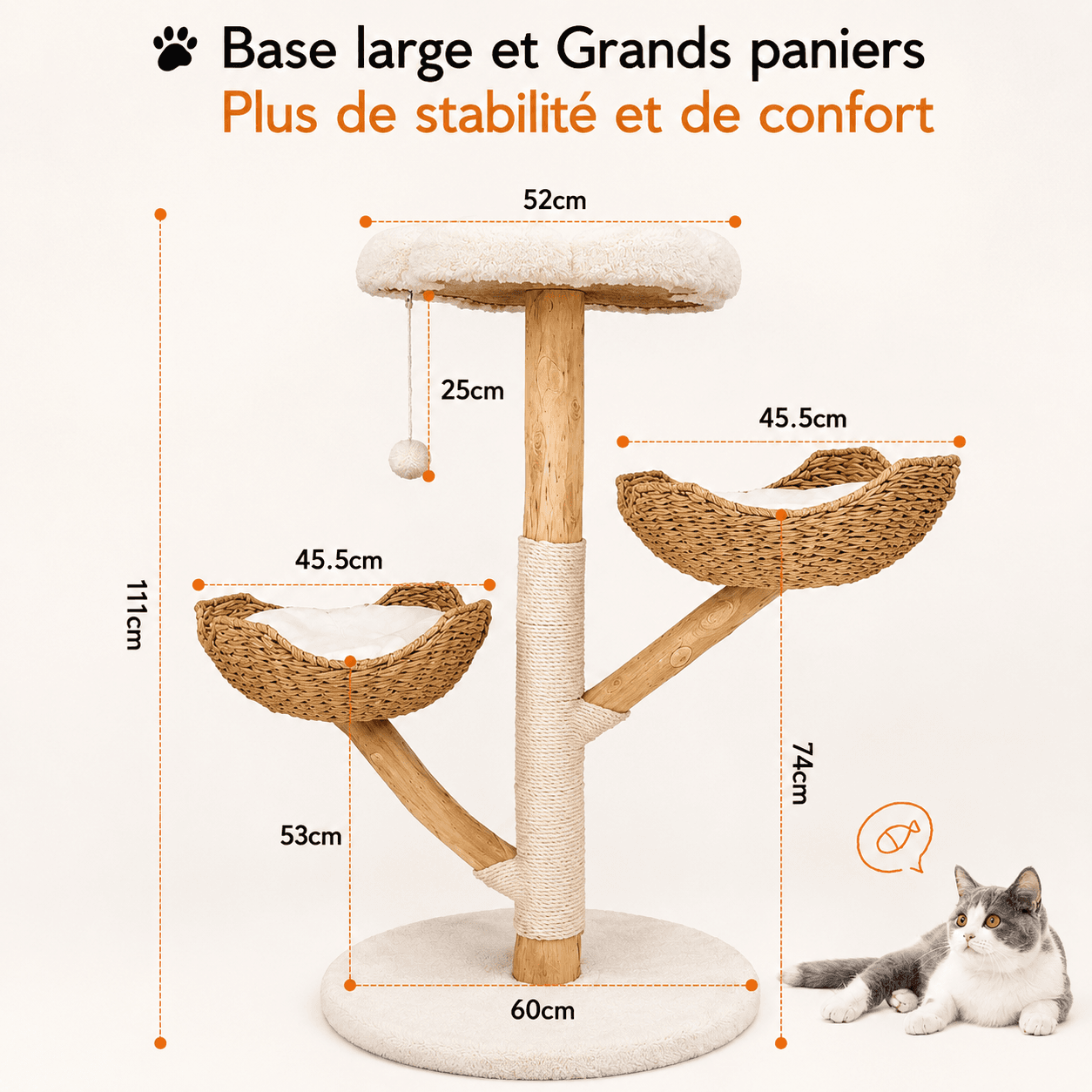 Arbre à chat avec base large de 60 cm pour une grande stabilité