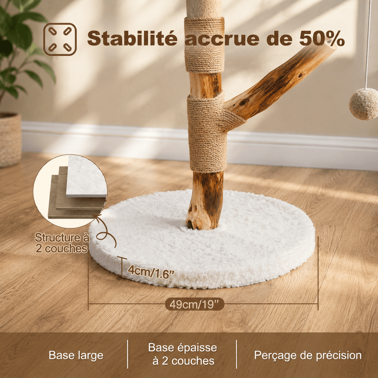 Arbre à chat en bois de saule naturel et blanc, hauteur 111 cm