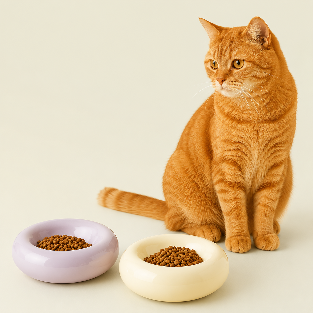 Chat roux près de deux bols donut en céramique pour chat, coloris lilas et crème, remplis de croquettes