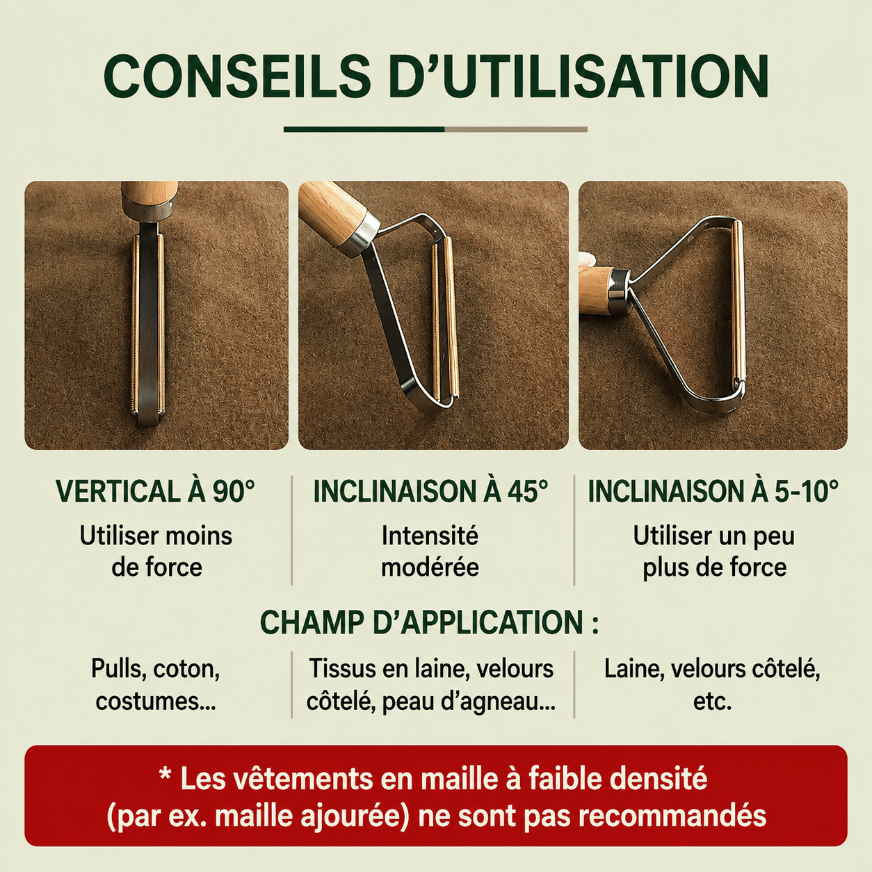 Conseils d'utilisation de la brosse anti-poils selon l'angle : 90°, 45° ou 5 à 10°