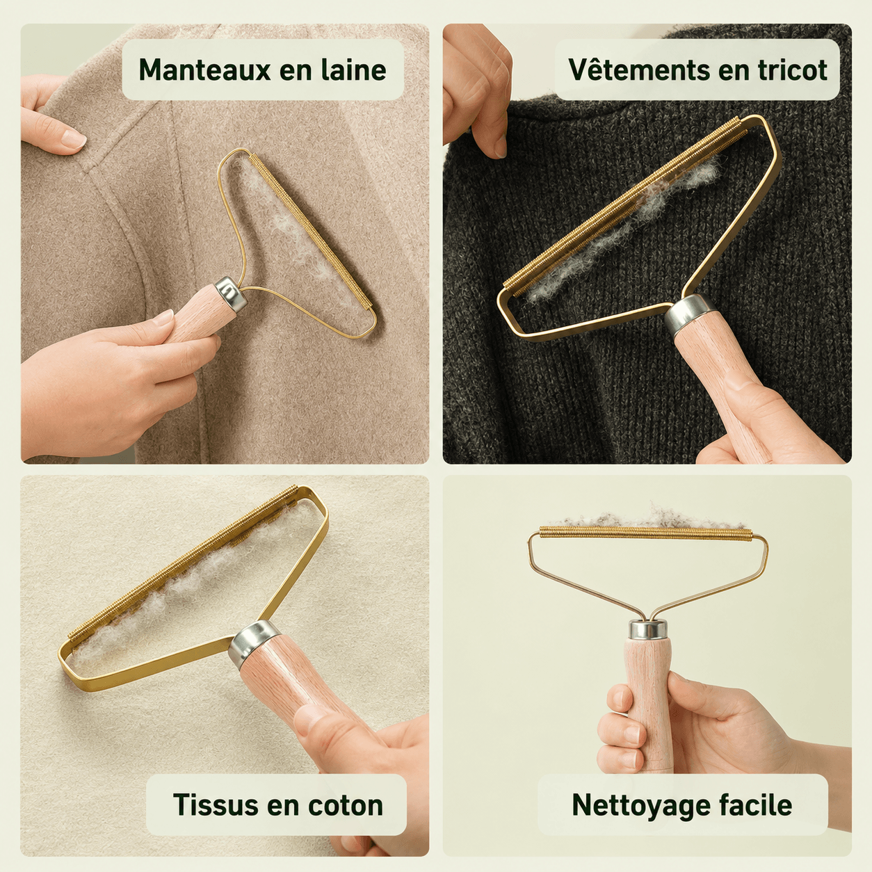 Brosse anti-peluches utilisée sur un manteau en laine, un tricot et du coton