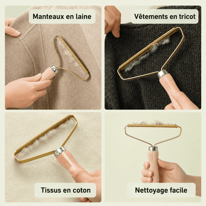 Brosse anti-peluches utilisée sur un manteau en laine, un tricot et du coton