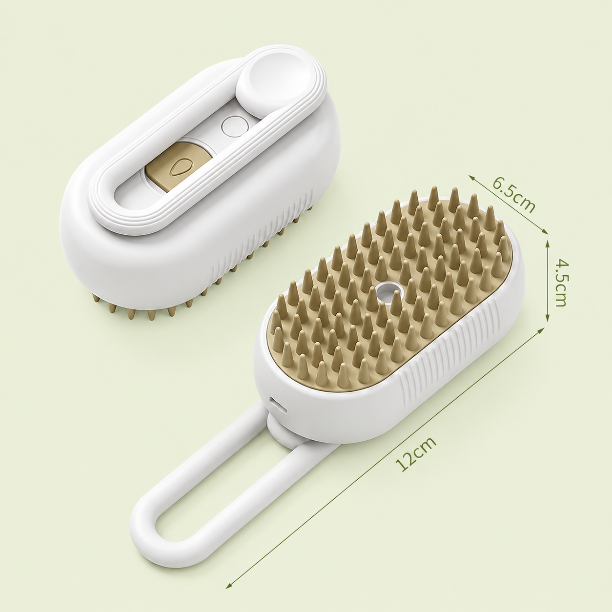 Brosse vapeur pour chat coloris blanc, vues dessus et dessous avec dimensions 12 x 6,5 x 4,5 cm