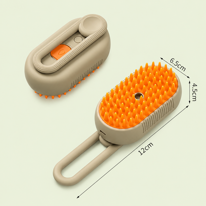 Brosse vapeur 3-en-1 pour chat coloris café avec picots orange et dimensions 12 x 6,5 x 4,5 cm