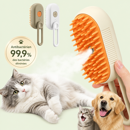 Brosse vapeur 3-en-1 pour chat et chien en usage sur un chat à poils longs, coloris blanc et café