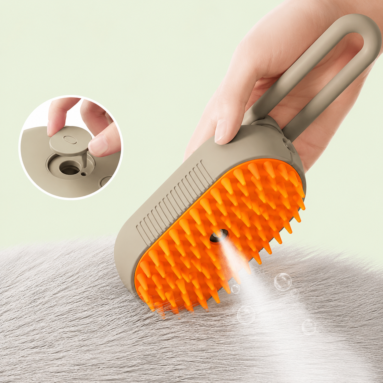 Brosse vapeur pour chat diffusant de la vapeur tiède sur le pelage, détail du réservoir d'eau