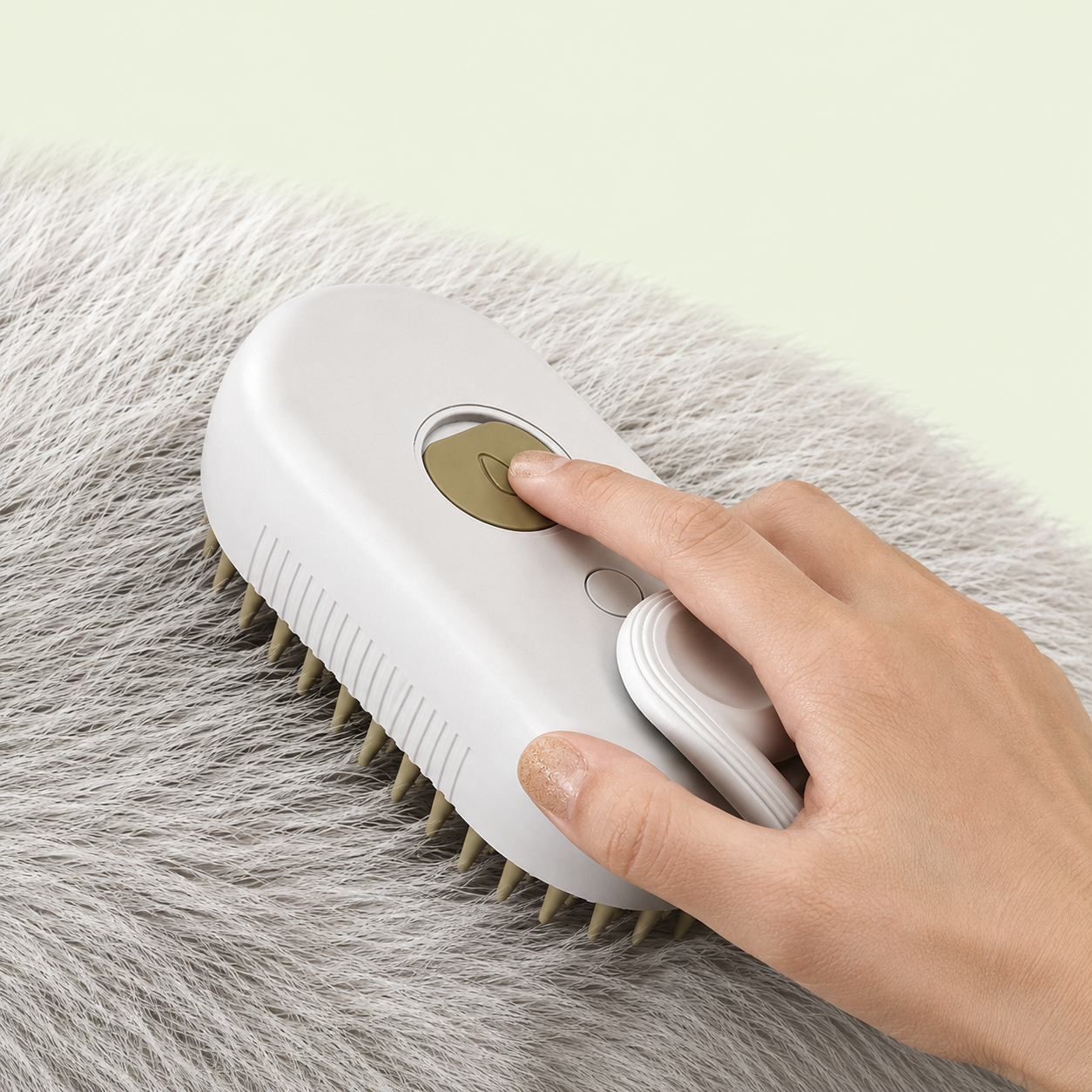 Main utilisant la brosse vapeur pour chien sur un pelage gris, commande par un seul bouton