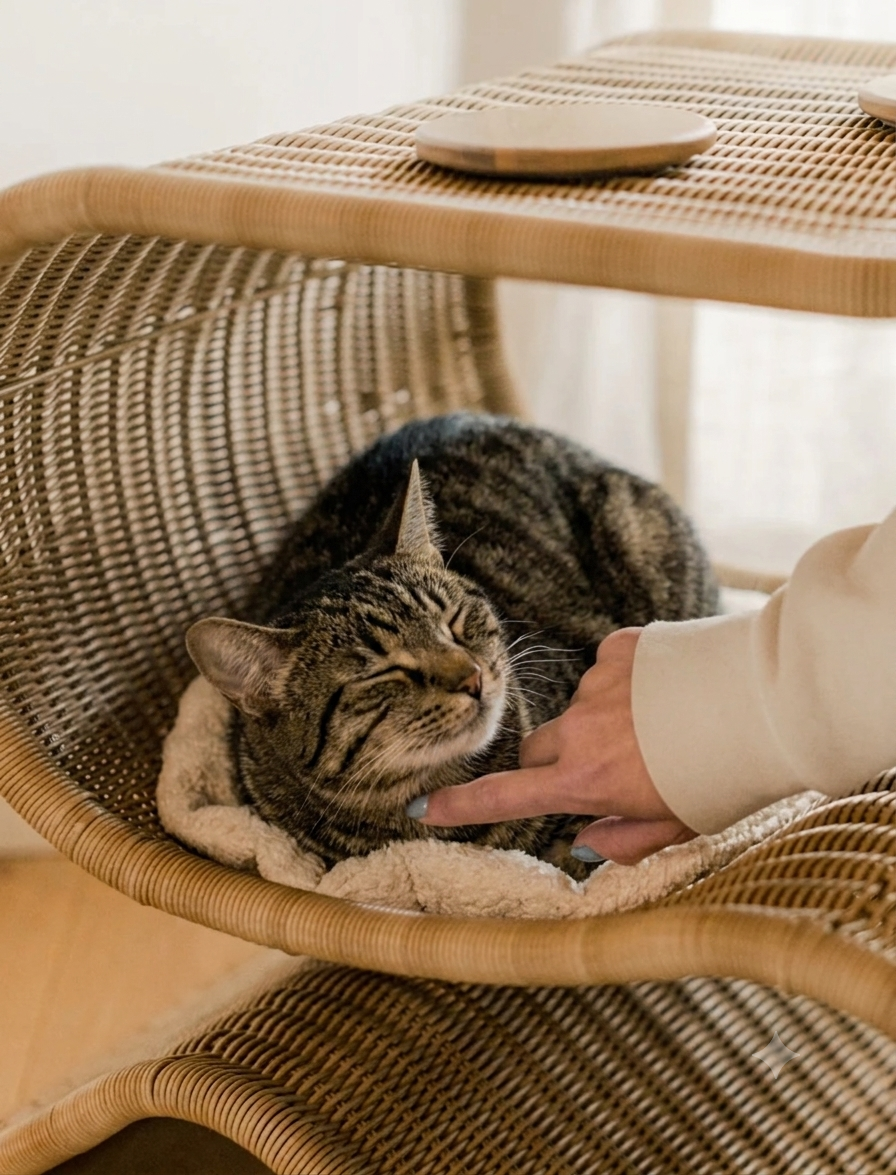 Chat tigré se reposant dans un fauteuil en rotin